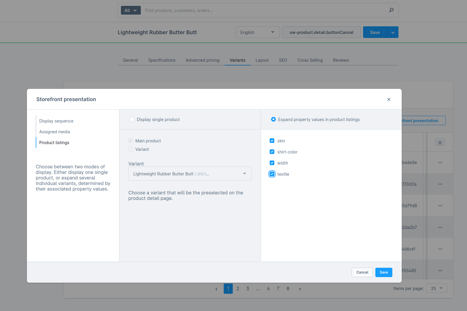 Screen from Admin config for Variants presentation with expanded properties option selected